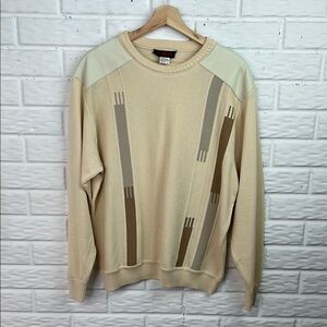 TORRAS MENS SWEATER LEATHER SHOULDER CREAM TAN GEOMETRIC MADE IN SPAIN SZ MED